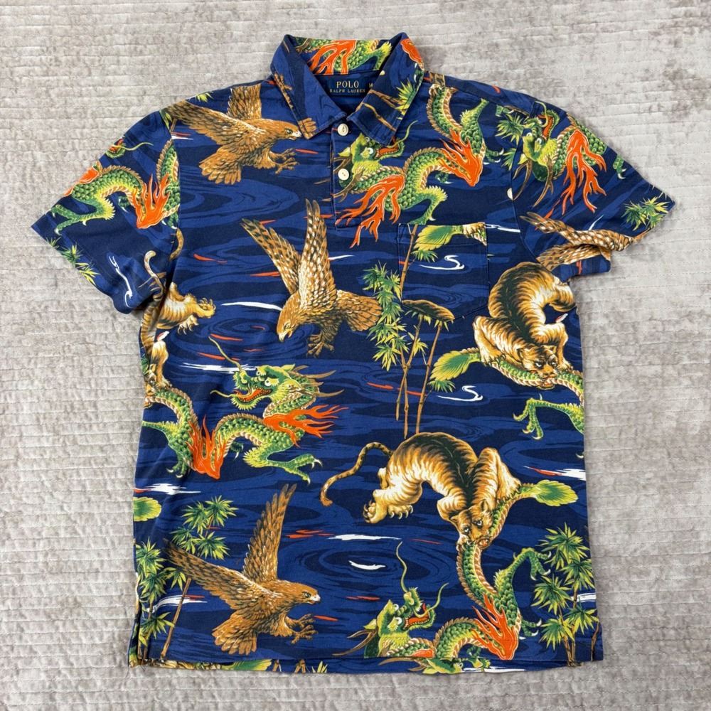 Polo‎ Ralph Lauren Mens Dragon Tiger Eagle All Over Print Polo Shirt Navy Blue M